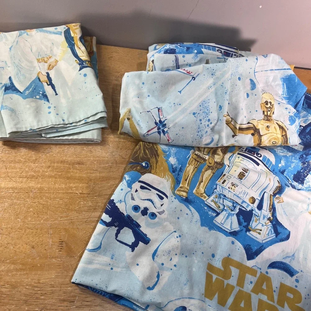 Star Wars Sheet Set Vtg 1977 Twin Blue A New Hope Character Print 4pc Set